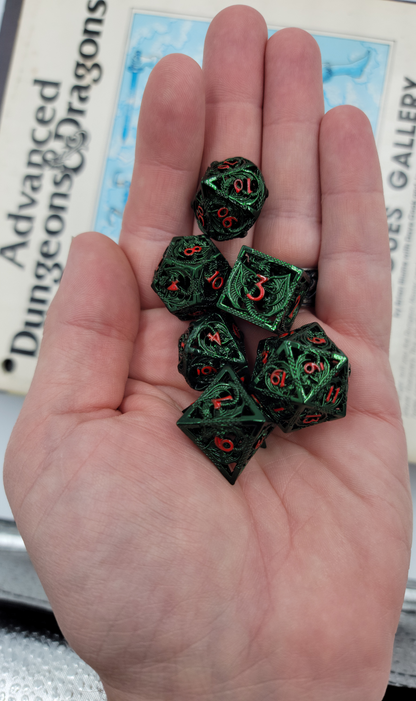 Hollow Metal Green & Red Dragon DND Dice Set