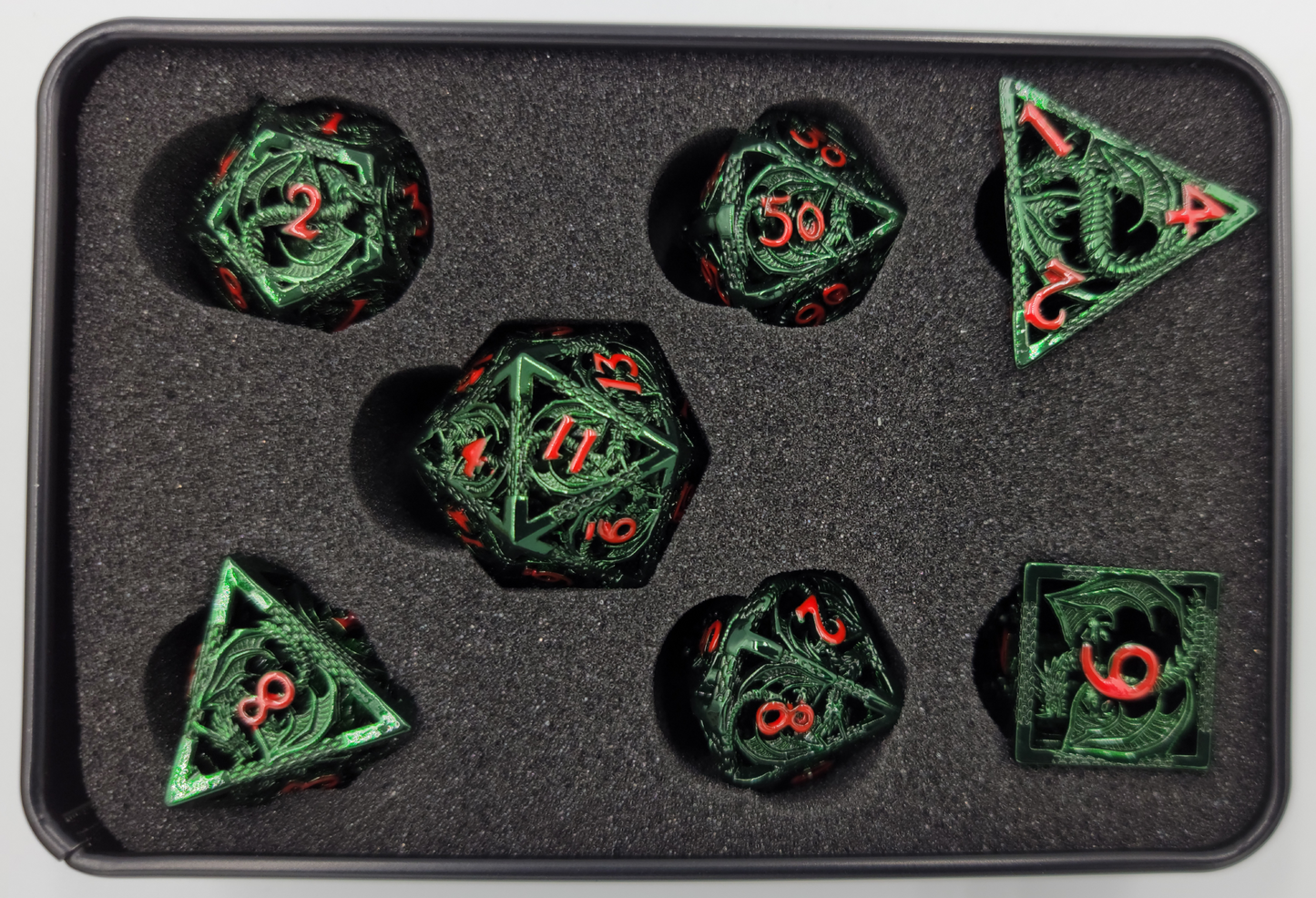 Hollow Metal Green & Red Dragon DND Dice Set