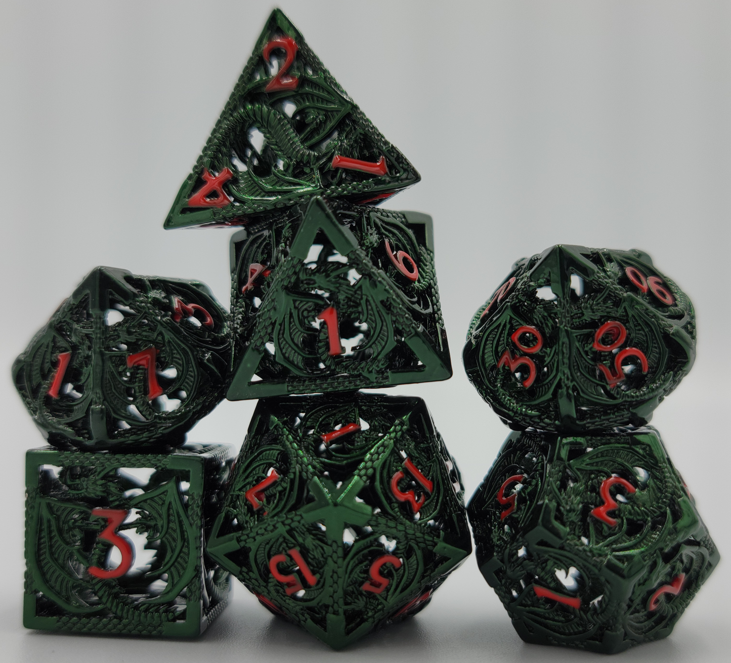 Hollow Metal Green & Red Dragon DND Dice Set