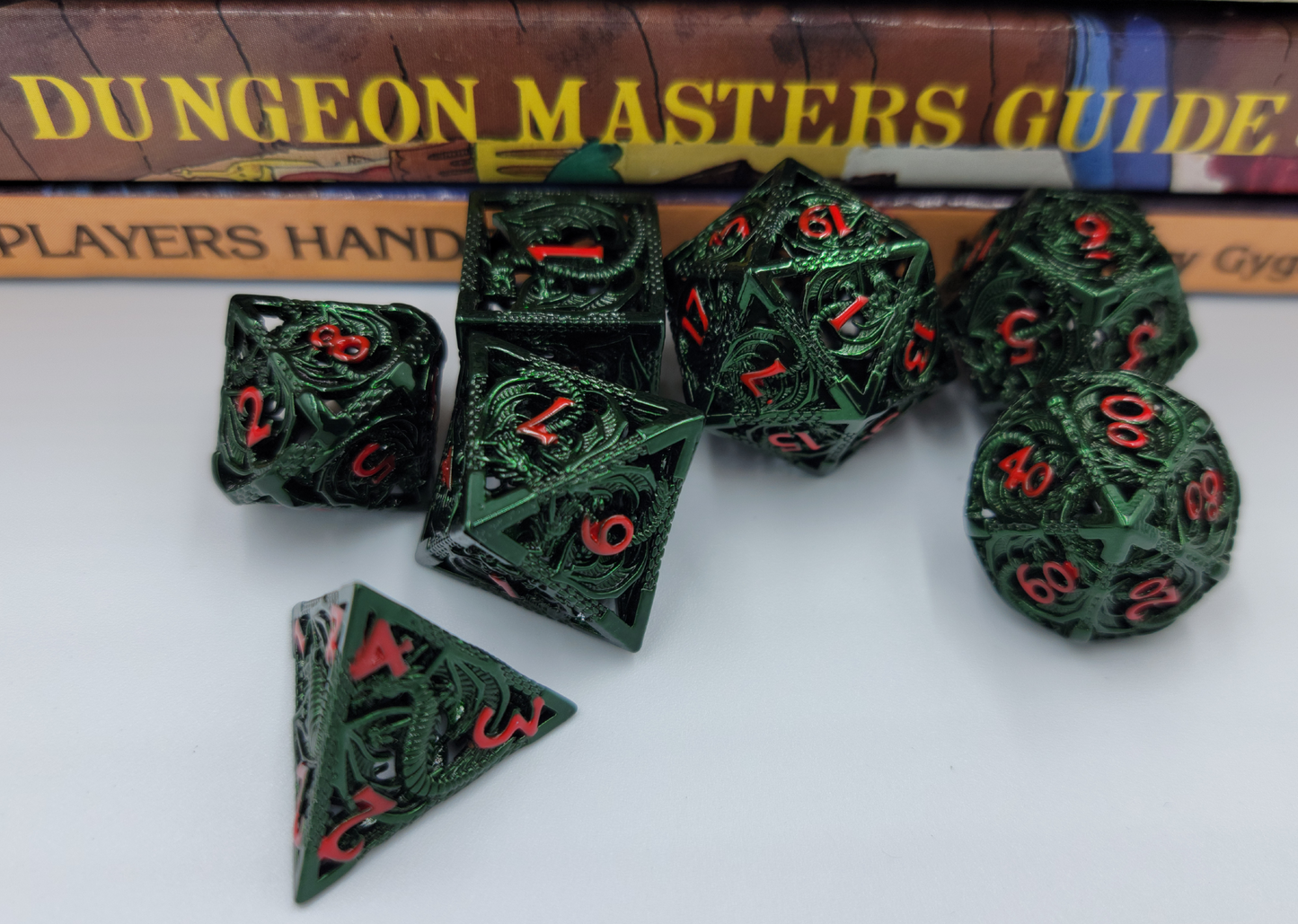 Hollow Metal Green & Red Dragon DND Dice Set