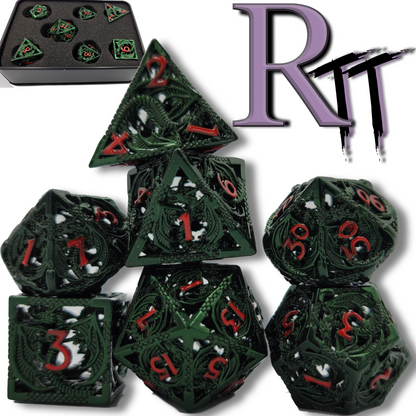 Hollow Metal Green & Red Dragon DND Dice Set