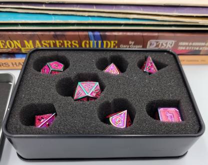 Pink/Purple & Rainbow Metal 7 Piece D&D Dice Set + Metal Box