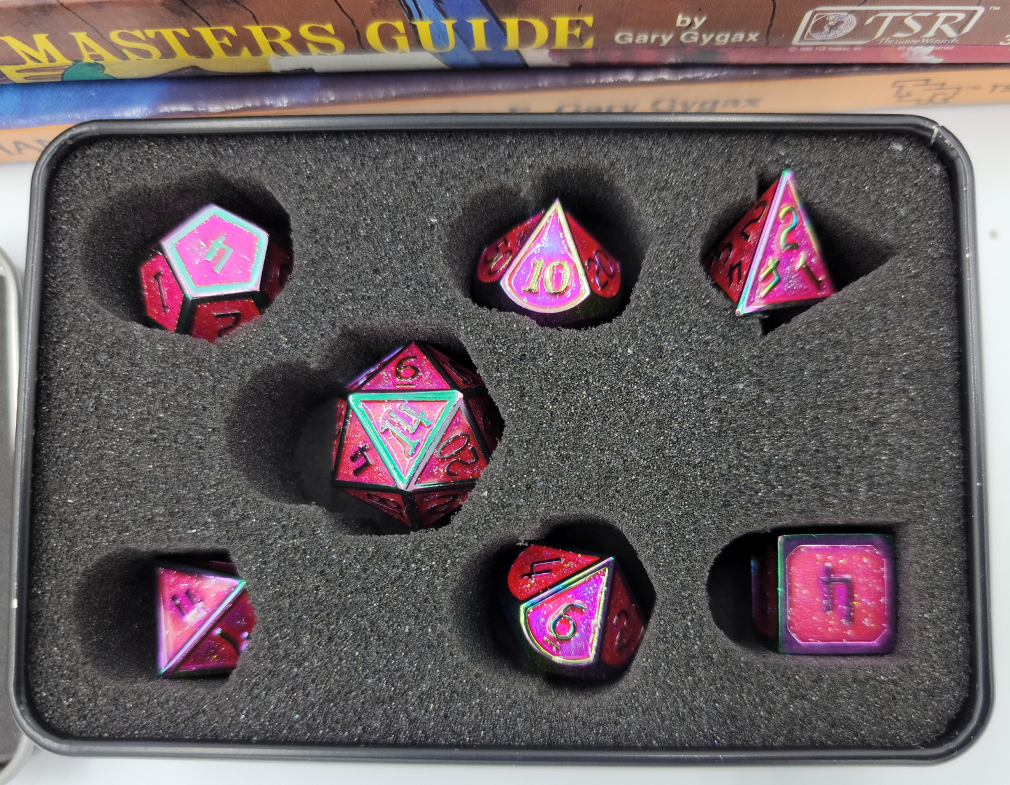 Pink/Purple & Rainbow Metal 7 Piece D&D Dice Set + Metal Box