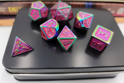 Pink/Purple & Rainbow Metal 7 Piece D&D Dice Set + Metal Box