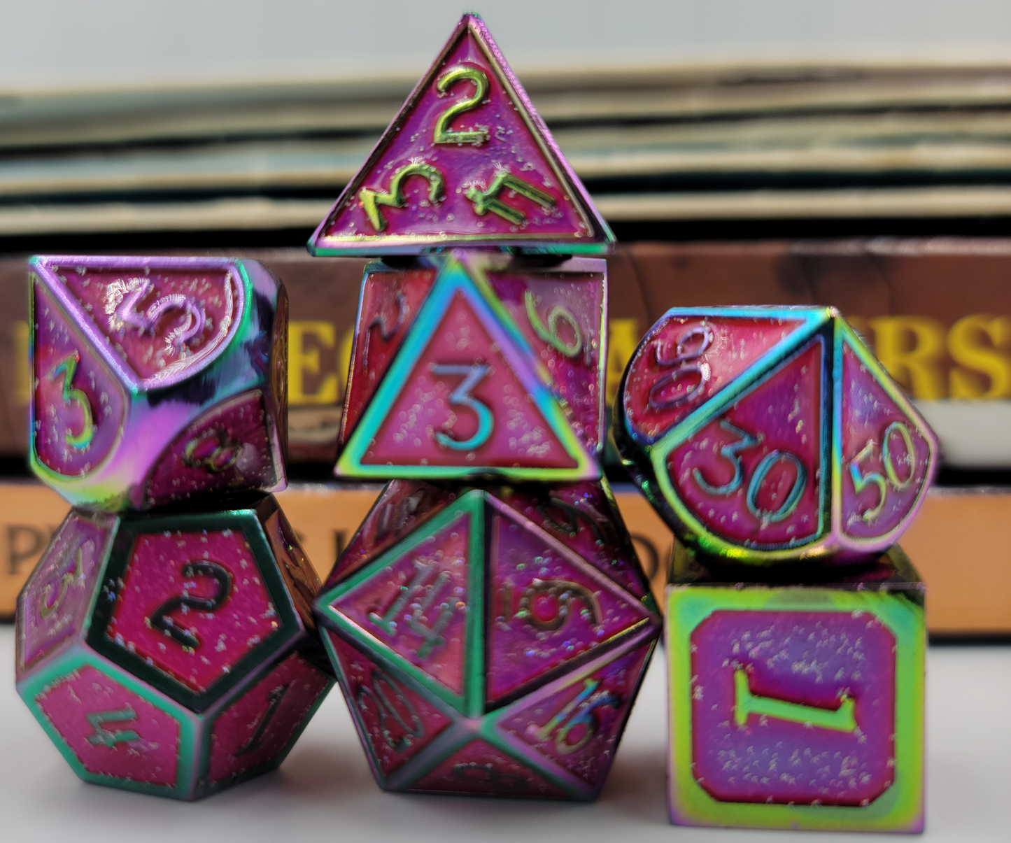 Pink/Purple & Rainbow Metal 7 Piece D&D Dice Set + Metal Box