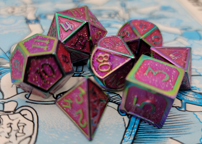 Pink/Purple & Rainbow Metal 7 Piece D&D Dice Set + Metal Box