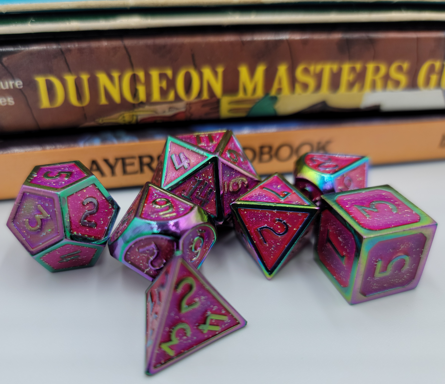 Pink/Purple & Rainbow Metal 7 Piece D&D Dice Set + Metal Box