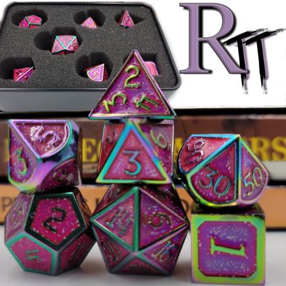 Pink/Purple & Rainbow Metal 7 Piece D&D Dice Set + Metal Box