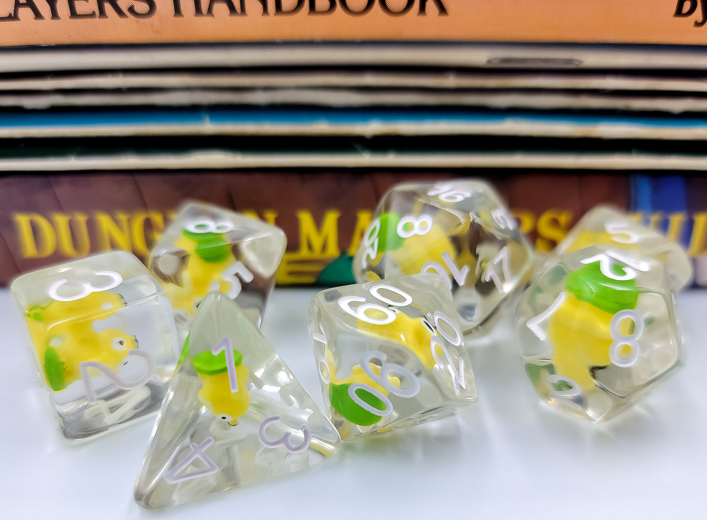 7pcs/Set Clear/Transparent Pokemon Psyduck Polyhedral DND Dice RPG MTG Role Playing Game Tabletop Yellow