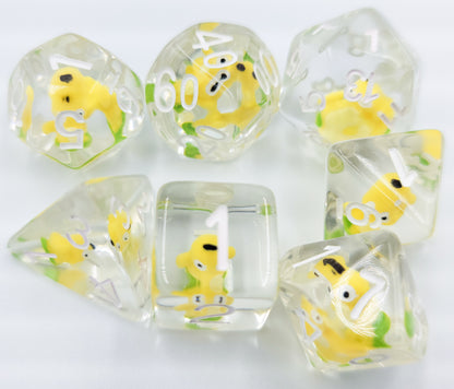 7pcs/Set Clear/Transparent Pokemon Psyduck Polyhedral DND Dice RPG MTG Role Playing Game Tabletop Yellow