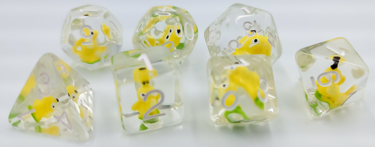 7pcs/Set Clear/Transparent Pokemon Psyduck Polyhedral DND Dice RPG MTG Role Playing Game Tabletop Yellow