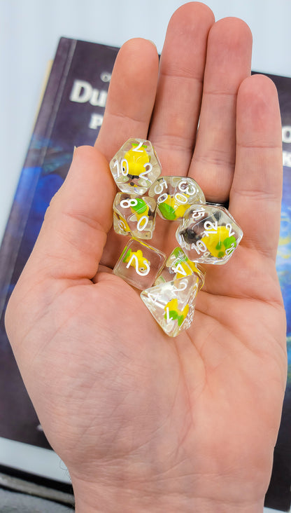 7pcs/Set Clear/Transparent Pokemon Psyduck Polyhedral DND Dice RPG MTG Role Playing Game Tabletop Yellow