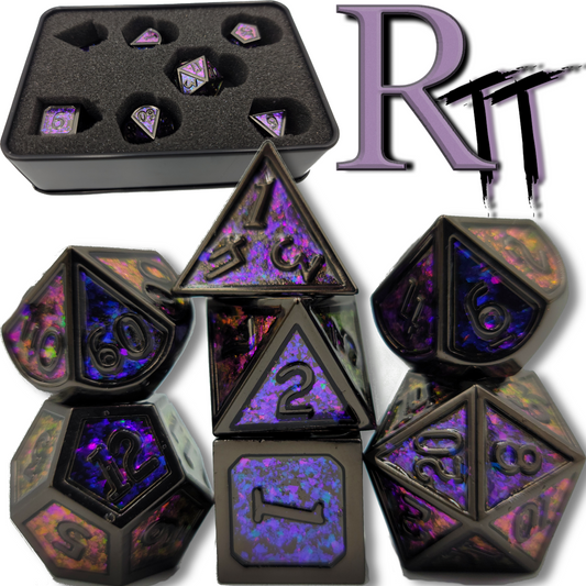 Purple & Black Metal 7 Piece D&D Dice Set + Metal Box