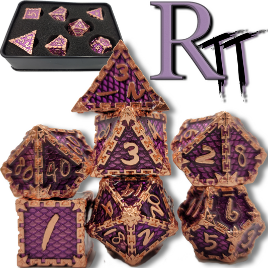 Purple & Rose Gold Metal 7 Piece D&D Dice Set + Metal Box