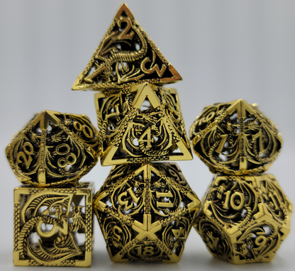 Hollow Metal Shiny Gold Dragon DND Dice Set