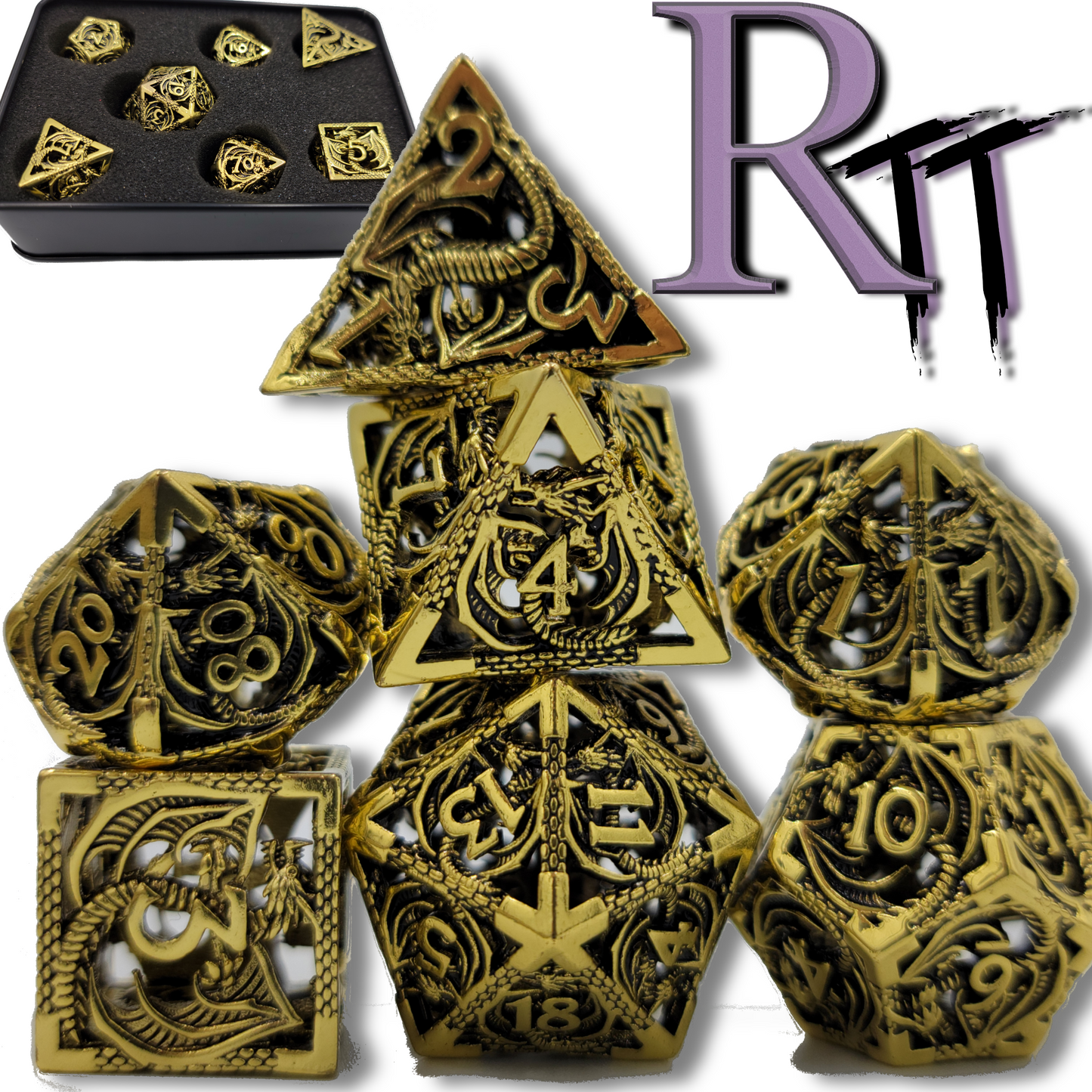 Hollow Metal Shiny Gold Dragon DND Dice Set