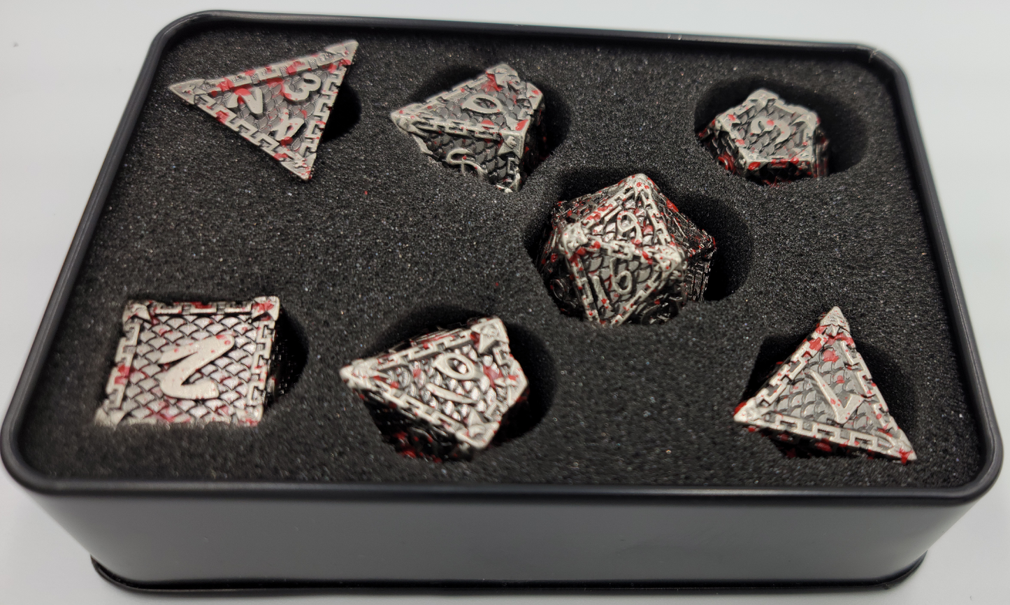 Silver w/ Blood Splatter Metal 7 Piece D&D Dice Set + Metal Box