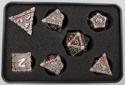 Silver w/ Blood Splatter Metal 7 Piece D&D Dice Set + Metal Box