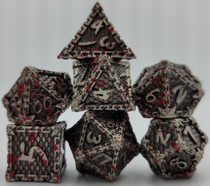 Silver w/ Blood Splatter Metal 7 Piece D&D Dice Set + Metal Box