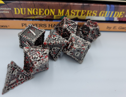 Silver w/ Blood Splatter Metal 7 Piece D&D Dice Set + Metal Box