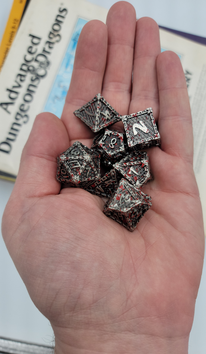 Silver w/ Blood Splatter Metal 7 Piece D&D Dice Set + Metal Box