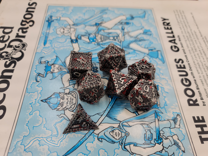 Silver w/ Blood Splatter Metal 7 Piece D&D Dice Set + Metal Box