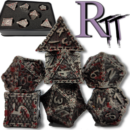 Silver w/ Blood Splatter Metal 7 Piece D&D Dice Set + Metal Box