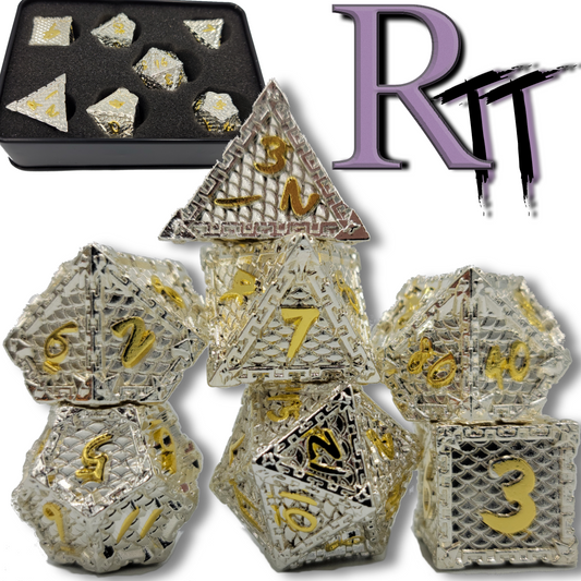 White & Gold Metal 7 Piece D&D Dice Set + Metal Box