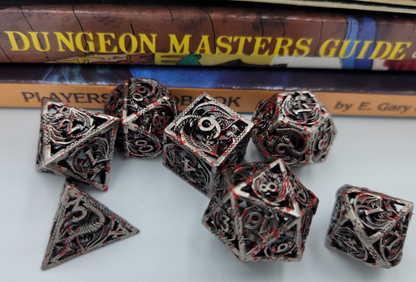 Hollow Metal Silver Blood Splatter Dragon DND Dice Set