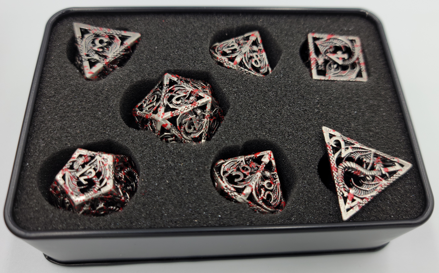 Hollow Metal Silver Blood Splatter Dragon DND Dice Set