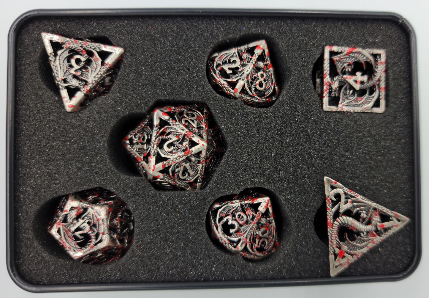 Hollow Metal Silver Blood Splatter Dragon DND Dice Set