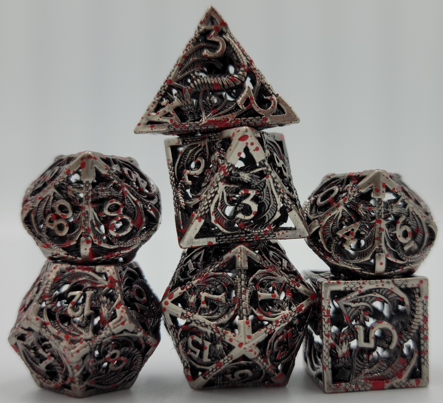 Hollow Metal Silver Blood Splatter Dragon DND Dice Set