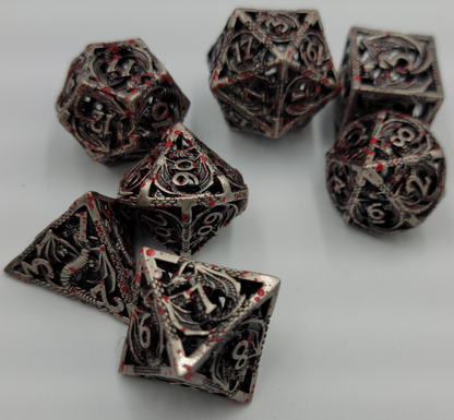 Hollow Metal Silver Blood Splatter Dragon DND Dice Set