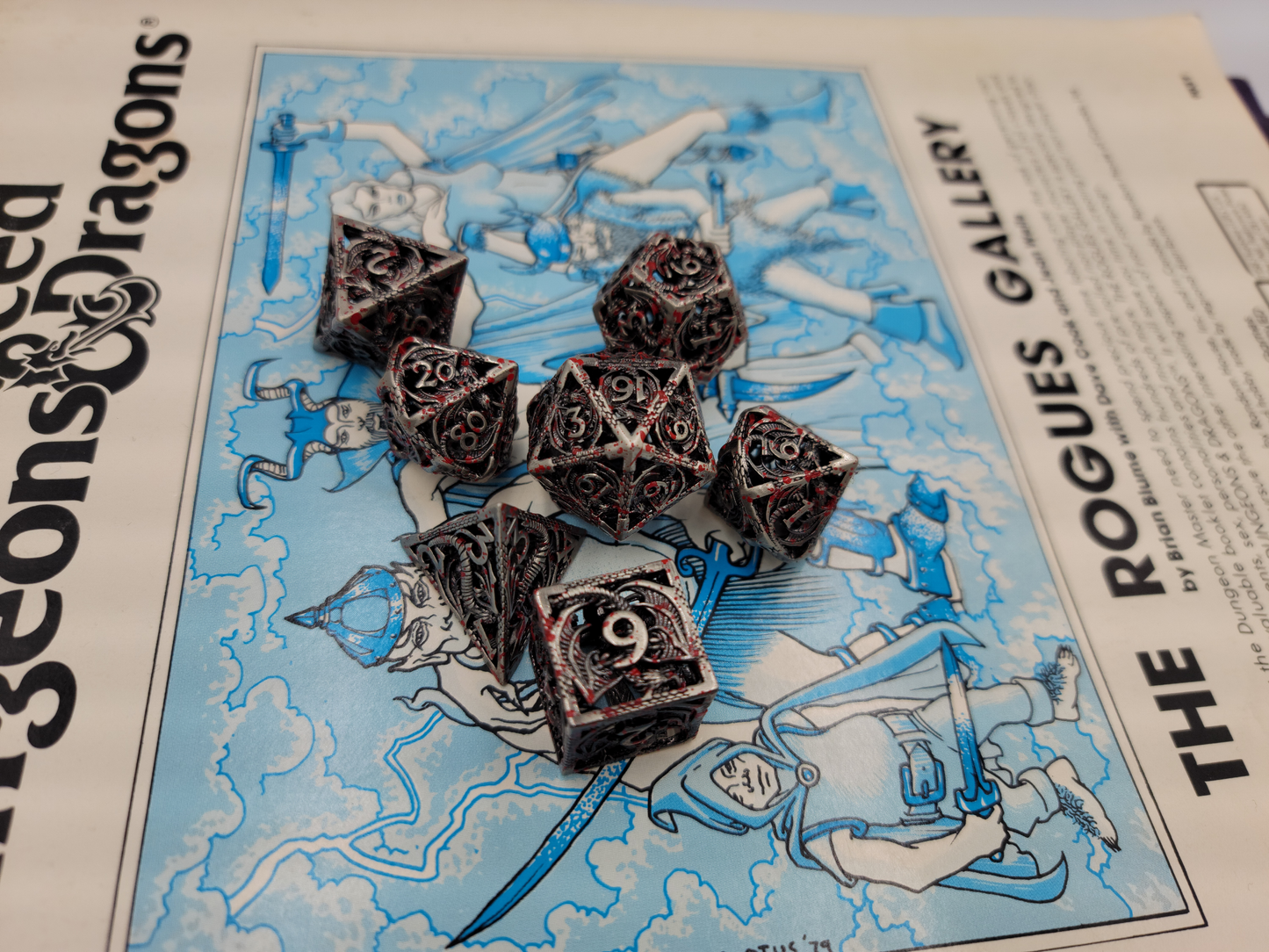 Hollow Metal Silver Blood Splatter Dragon DND Dice Set