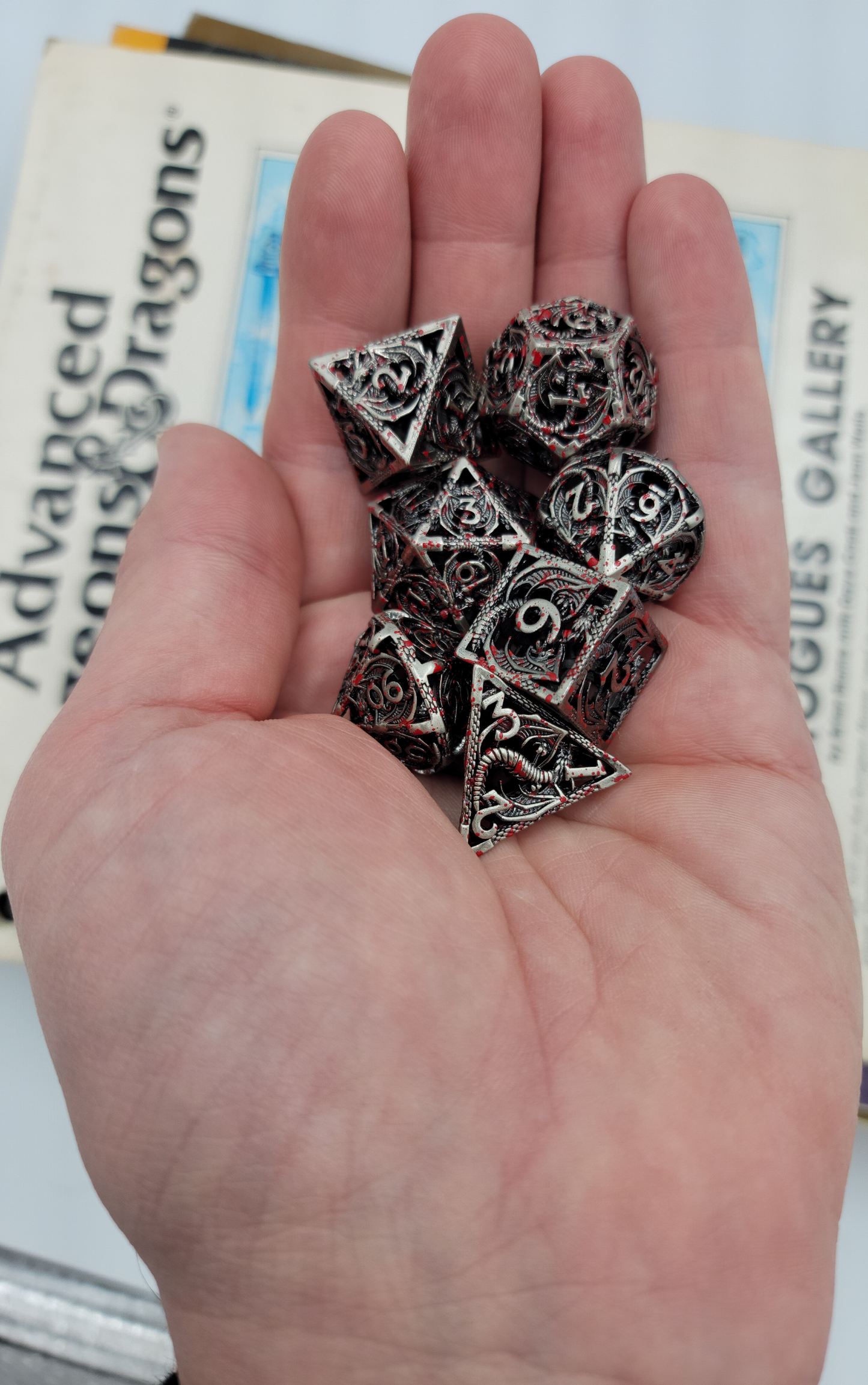 Hollow Metal Silver Blood Splatter Dragon DND Dice Set