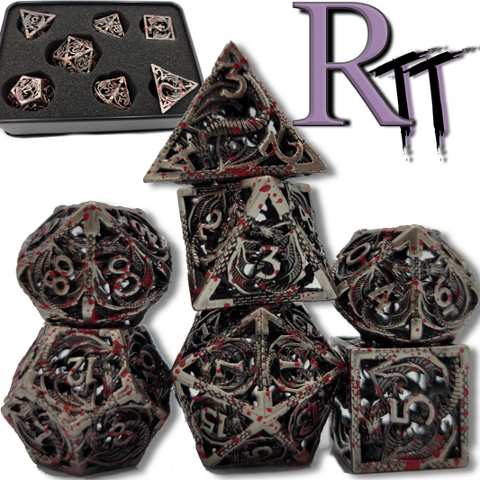 Hollow Metal Silver Blood Splatter Dragon DND Dice Set